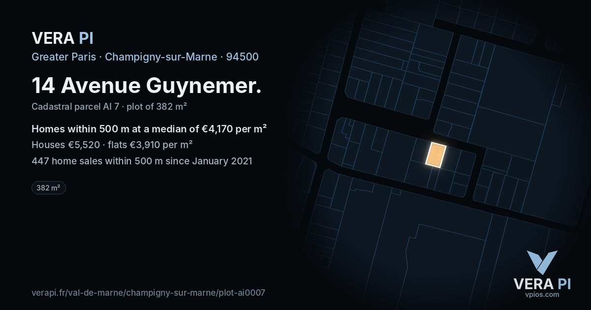 14 Avenue Guynemer, Champigny-sur-Marne at night – the plot lit, the parcels around coloured by the prices near them