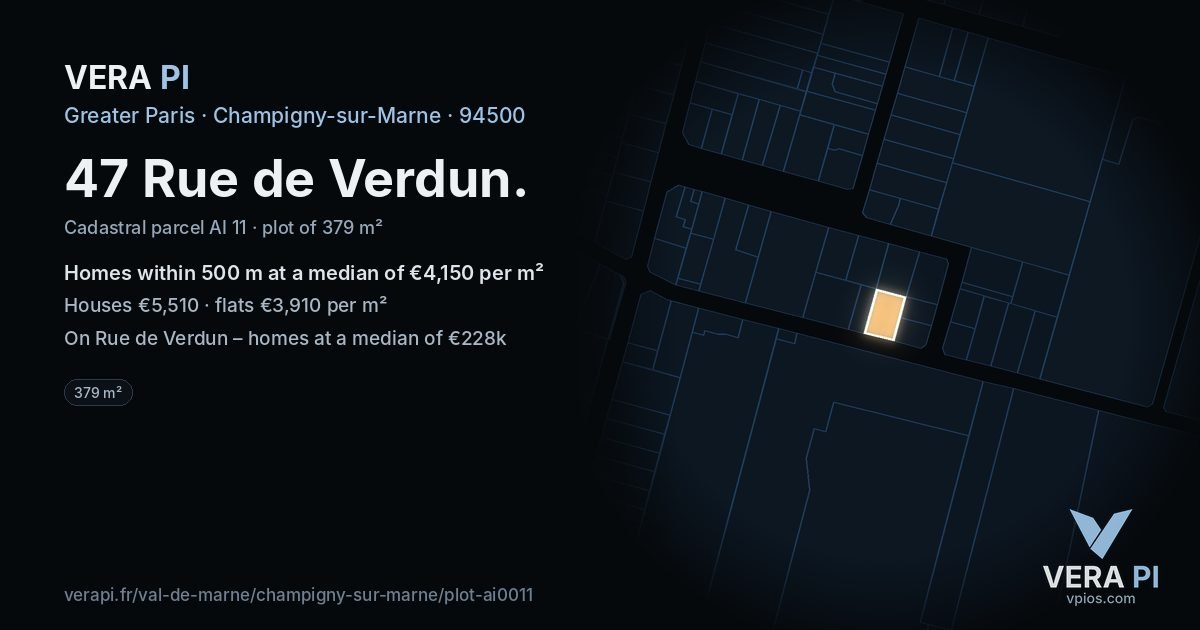 47 Rue de Verdun, Champigny-sur-Marne at night – the plot lit, the parcels around coloured by the prices near them