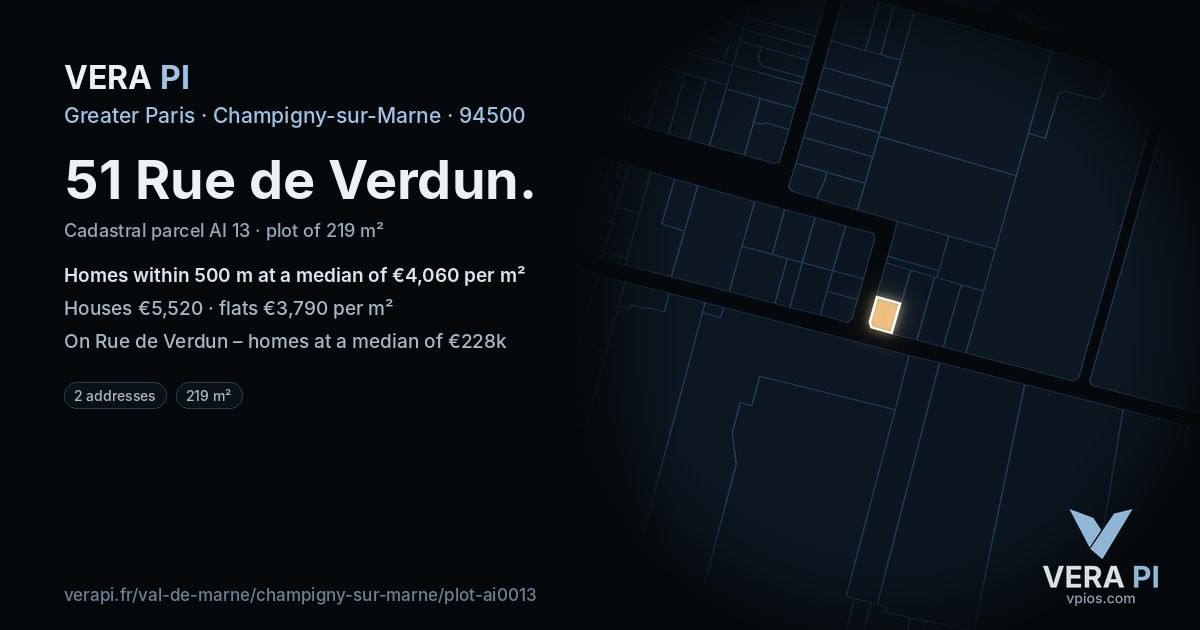 51 Rue de Verdun, Champigny-sur-Marne at night – the plot lit, the parcels around coloured by the prices near them