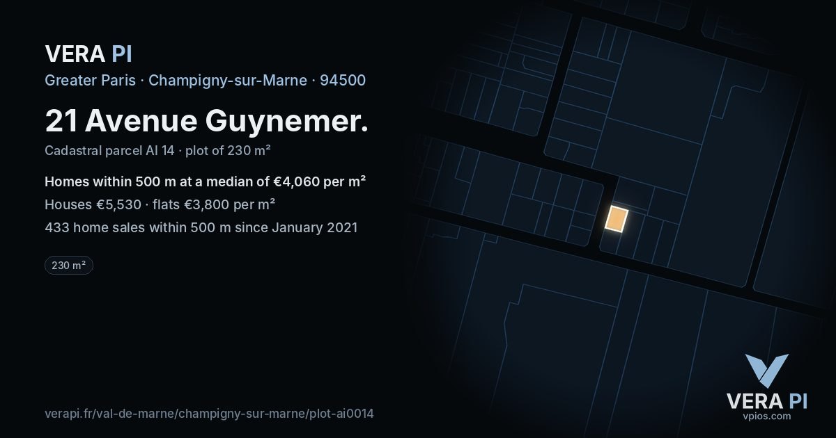 21 Avenue Guynemer, Champigny-sur-Marne at night – the plot lit, the parcels around coloured by the prices near them