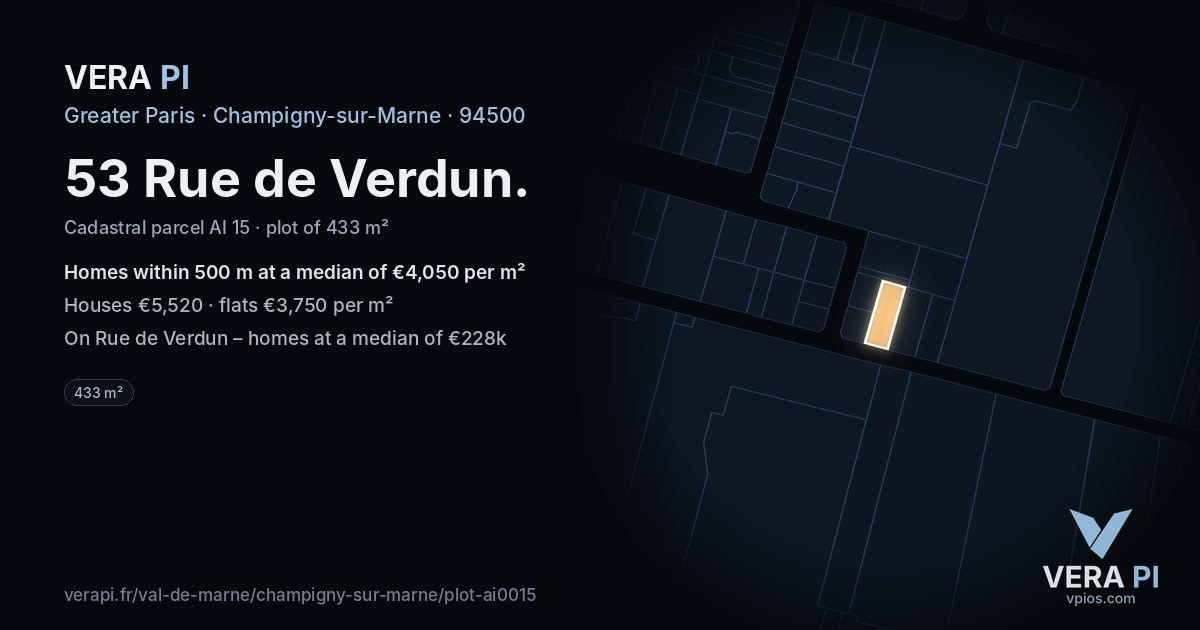 53 Rue de Verdun, Champigny-sur-Marne at night – the plot lit, the parcels around coloured by the prices near them