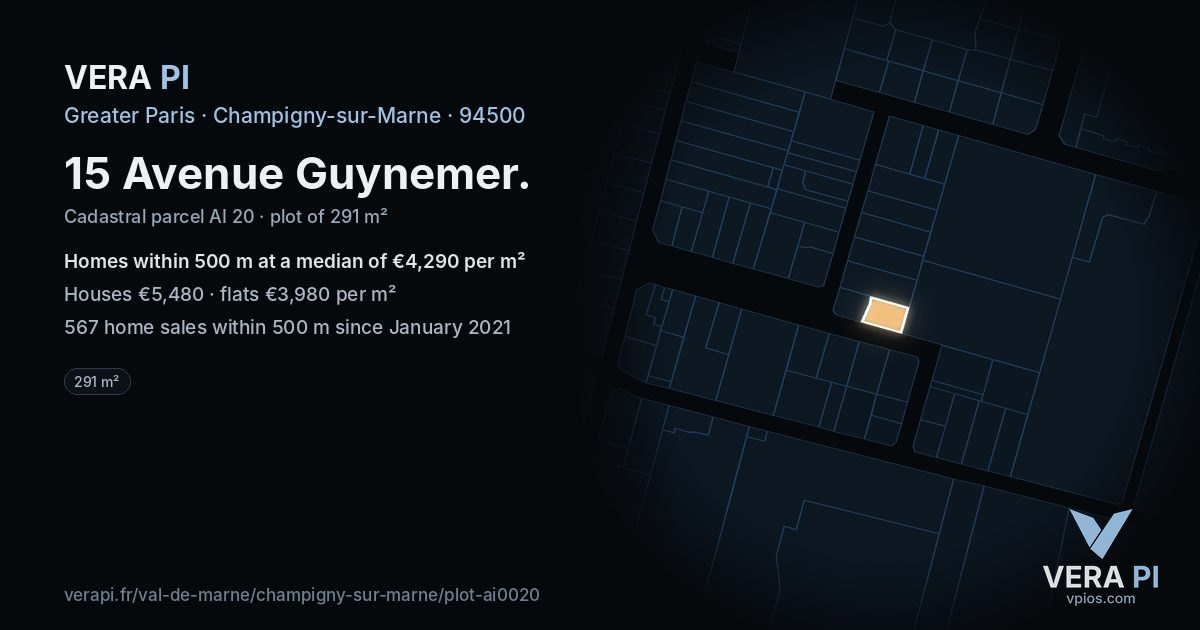 15 Avenue Guynemer, Champigny-sur-Marne at night – the plot lit, the parcels around coloured by the prices near them
