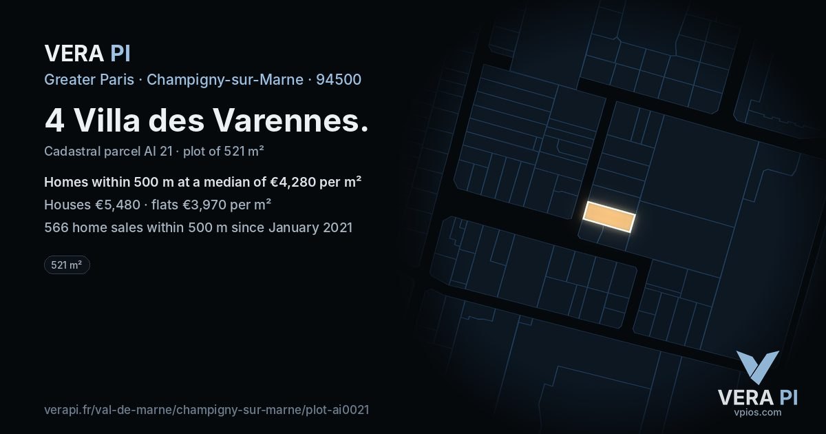 4 Villa des Varennes, Champigny-sur-Marne at night – the plot lit, the parcels around coloured by the prices near them