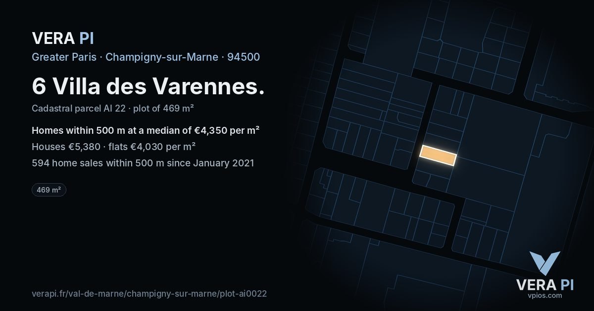 6 Villa des Varennes, Champigny-sur-Marne at night – the plot lit, the parcels around coloured by the prices near them