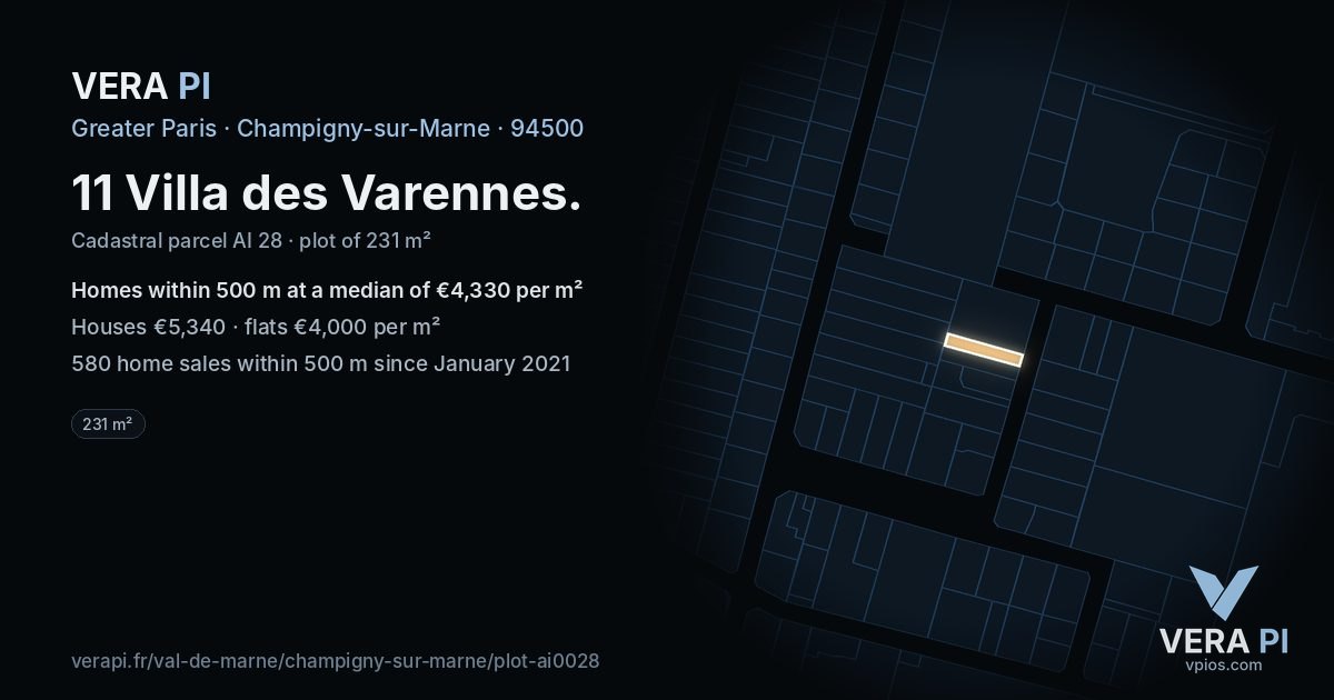 11 Villa des Varennes, Champigny-sur-Marne at night – the plot lit, the parcels around coloured by the prices near them