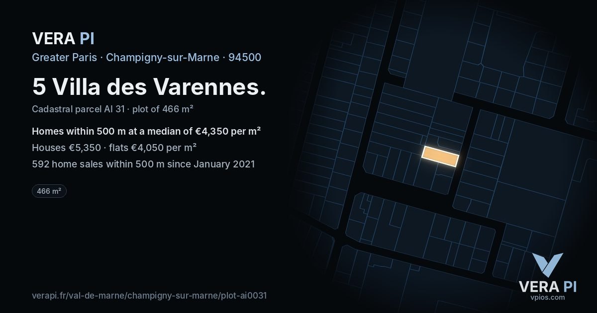 5 Villa des Varennes, Champigny-sur-Marne at night – the plot lit, the parcels around coloured by the prices near them