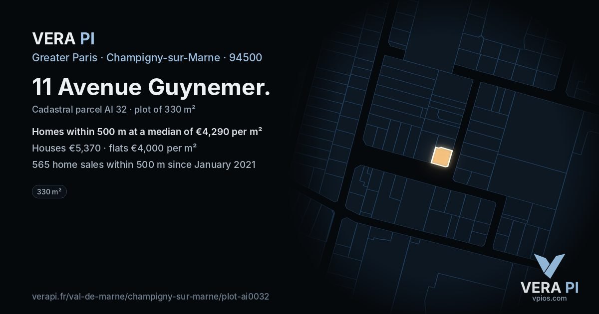 11 Avenue Guynemer, Champigny-sur-Marne at night – the plot lit, the parcels around coloured by the prices near them
