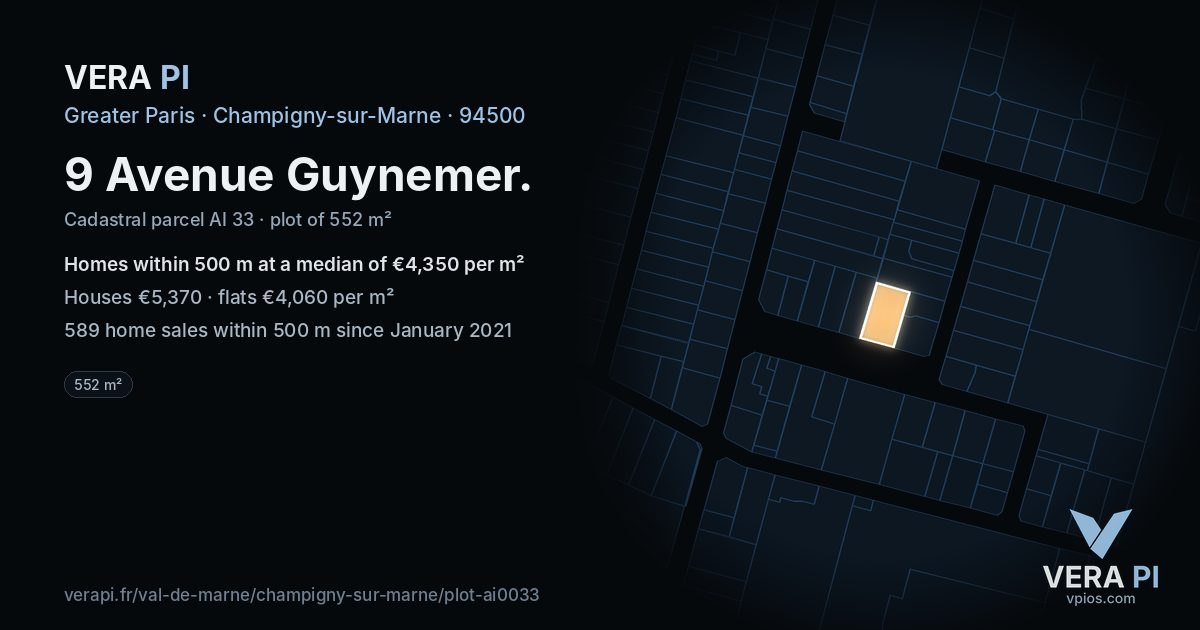 9 Avenue Guynemer, Champigny-sur-Marne at night – the plot lit, the parcels around coloured by the prices near them