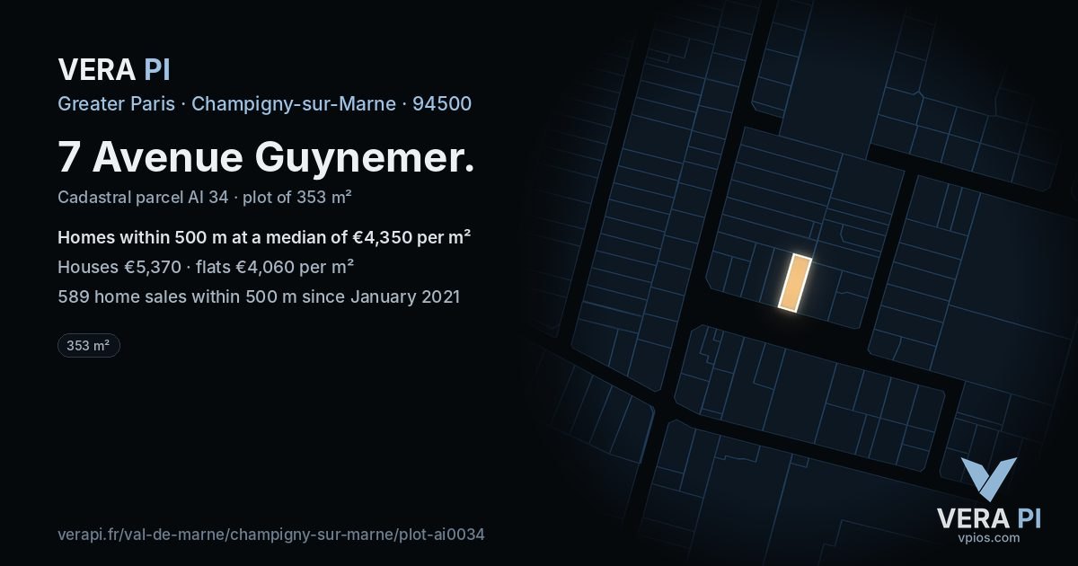 7 Avenue Guynemer, Champigny-sur-Marne at night – the plot lit, the parcels around coloured by the prices near them