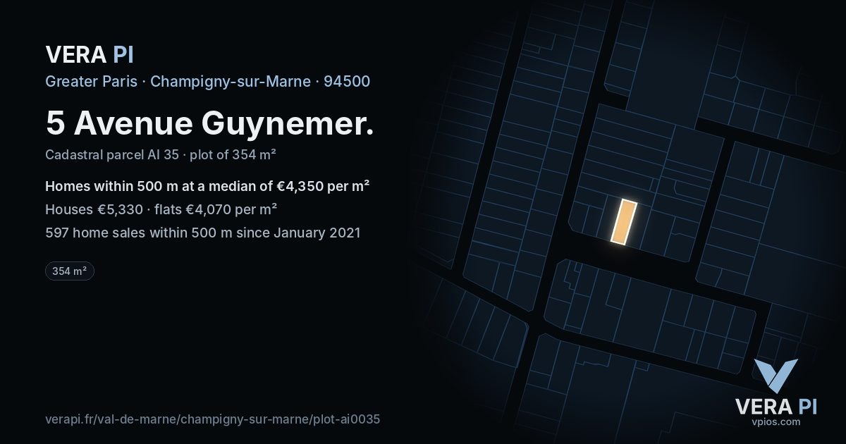 5 Avenue Guynemer, Champigny-sur-Marne at night – the plot lit, the parcels around coloured by the prices near them