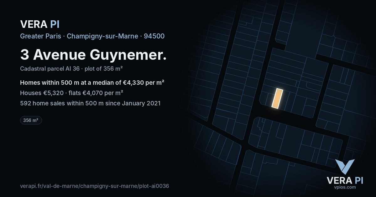 3 Avenue Guynemer, Champigny-sur-Marne at night – the plot lit, the parcels around coloured by the prices near them