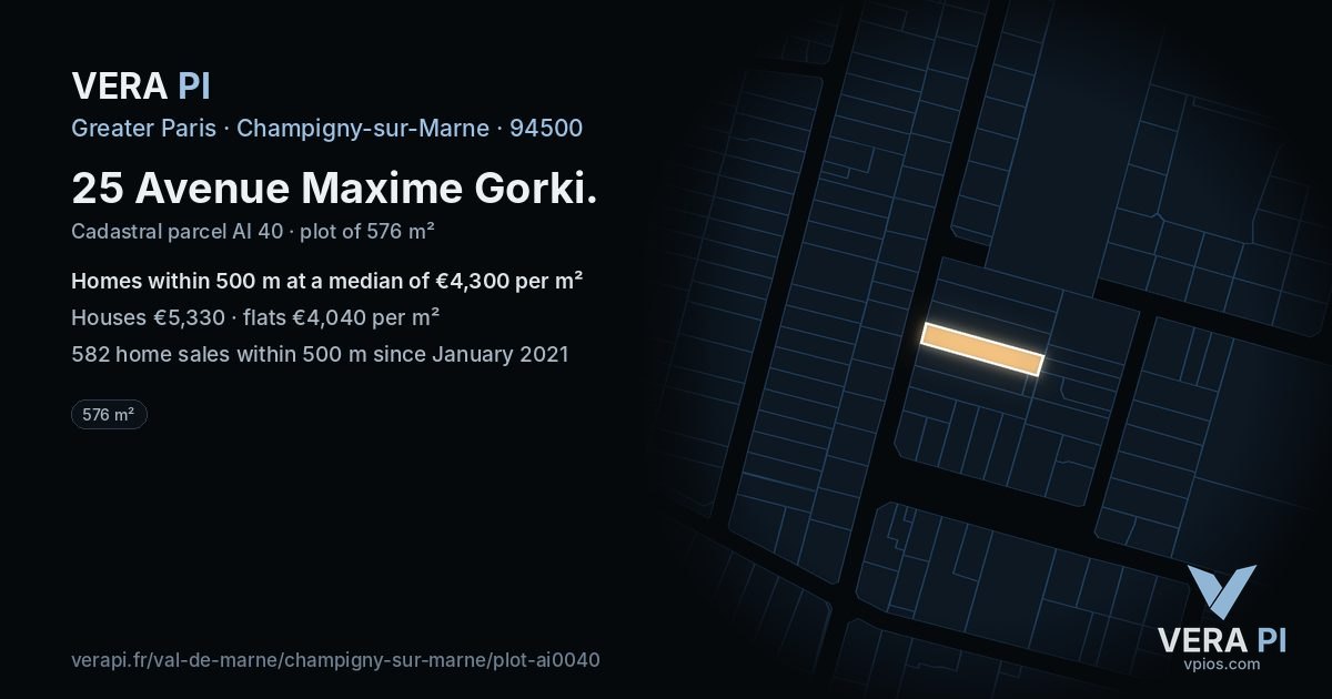 25 Avenue Maxime Gorki, Champigny-sur-Marne at night – the plot lit, the parcels around coloured by the prices near them