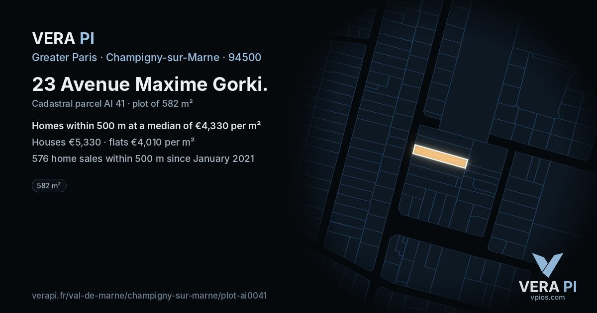 23 Avenue Maxime Gorki, Champigny-sur-Marne at night – the plot lit, the parcels around coloured by the prices near them