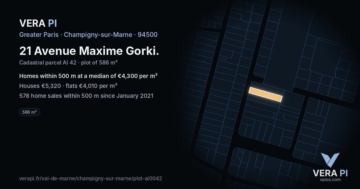 21 Avenue Maxime Gorki, Champigny-sur-Marne at night – the plot lit, the parcels around coloured by the prices near them