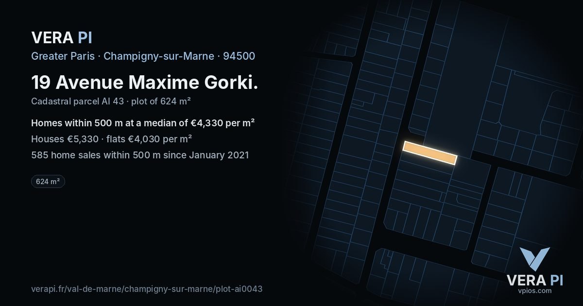 19 Avenue Maxime Gorki, Champigny-sur-Marne at night – the plot lit, the parcels around coloured by the prices near them