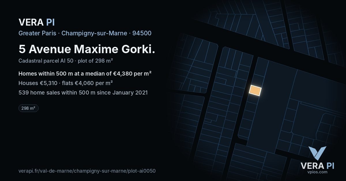 5 Avenue Maxime Gorki, Champigny-sur-Marne at night – the plot lit, the parcels around coloured by the prices near them
