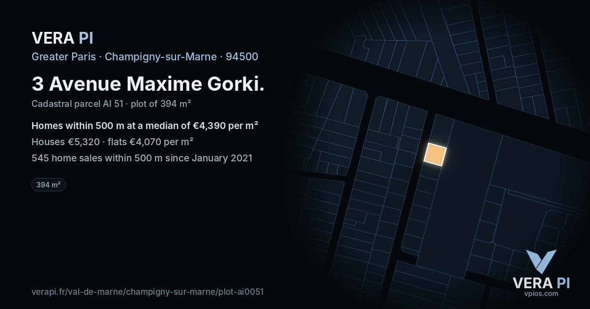 3 Avenue Maxime Gorki, Champigny-sur-Marne at night – the plot lit, the parcels around coloured by the prices near them