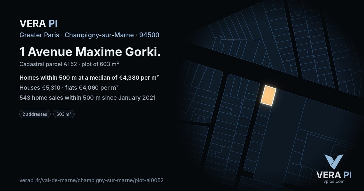 1 Avenue Maxime Gorki, Champigny-sur-Marne at night – the plot lit, the parcels around coloured by the prices near them