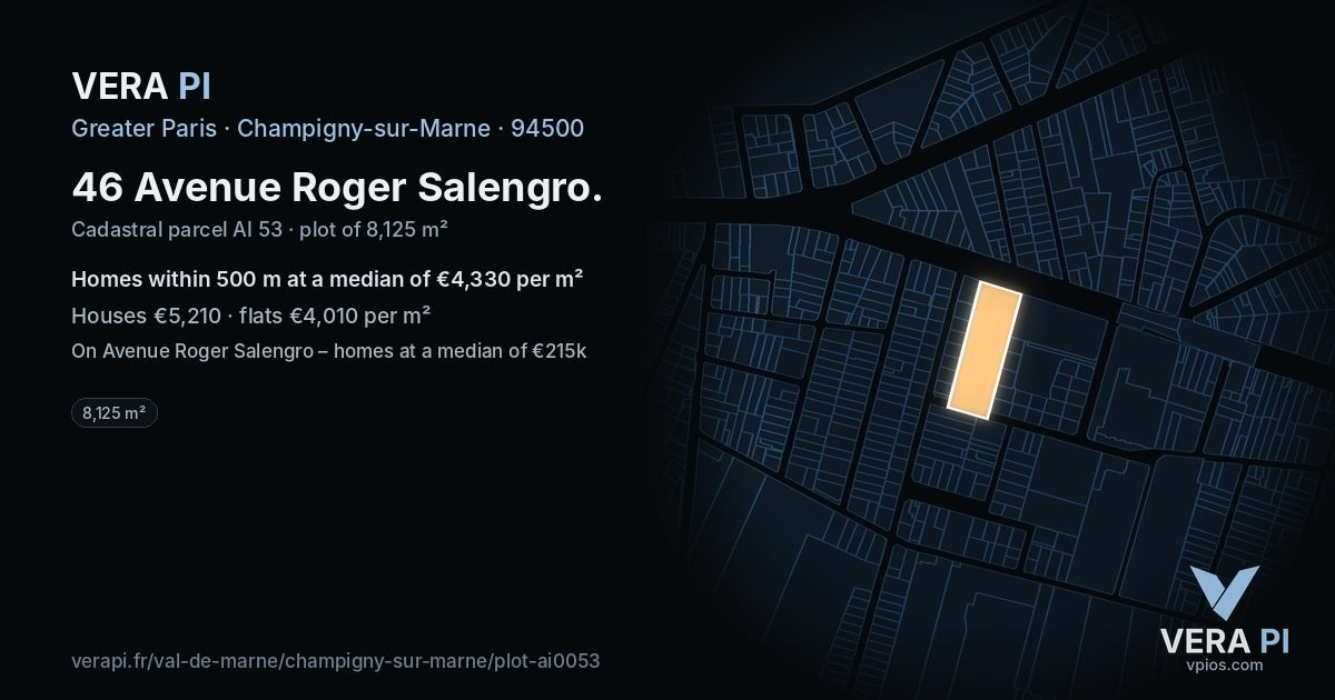 46 Avenue Roger Salengro, Champigny-sur-Marne at night – the plot lit, the parcels around coloured by the prices near them