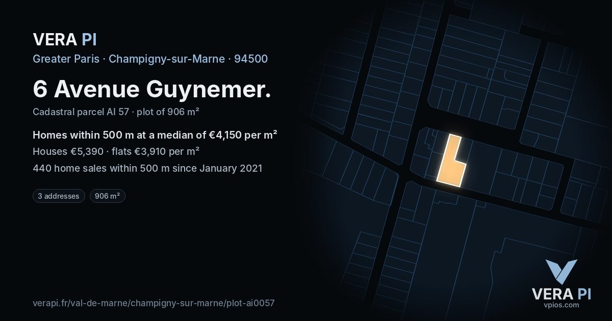 6 Avenue Guynemer, Champigny-sur-Marne at night – the plot lit, the parcels around coloured by the prices near them
