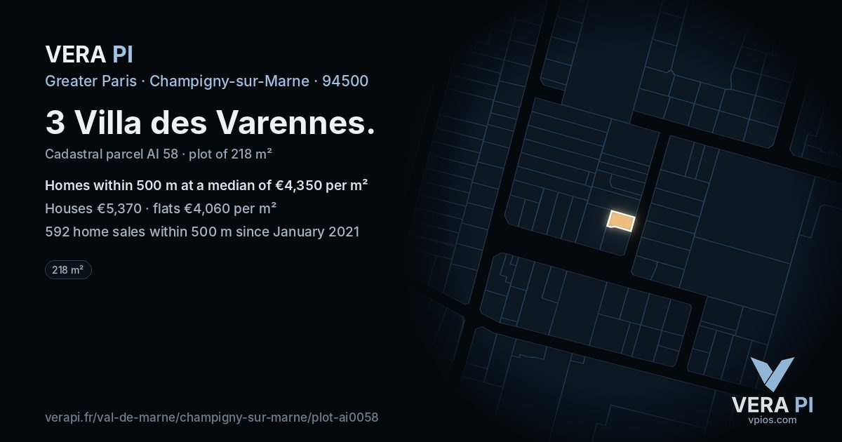 3 Villa des Varennes, Champigny-sur-Marne at night – the plot lit, the parcels around coloured by the prices near them