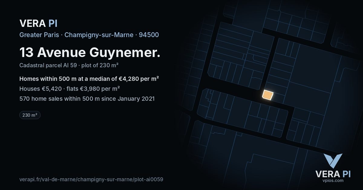 13 Avenue Guynemer, Champigny-sur-Marne at night – the plot lit, the parcels around coloured by the prices near them