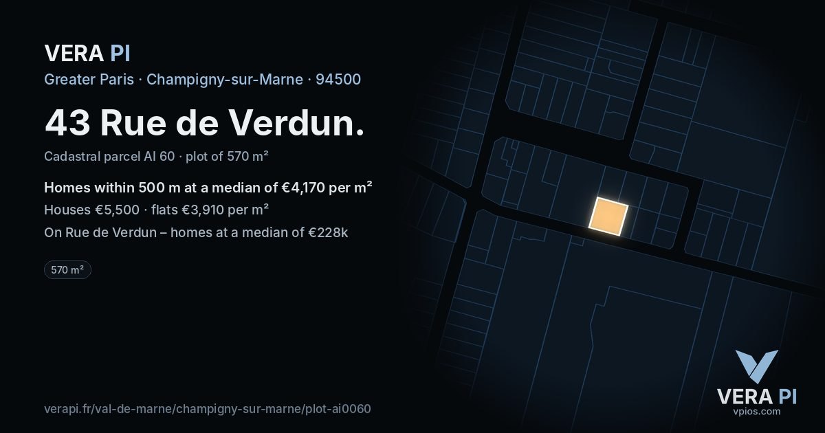 43 Rue de Verdun, Champigny-sur-Marne at night – the plot lit, the parcels around coloured by the prices near them