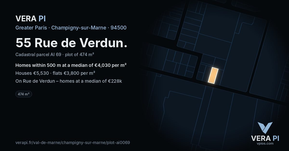 55 Rue de Verdun, Champigny-sur-Marne at night – the plot lit, the parcels around coloured by the prices near them