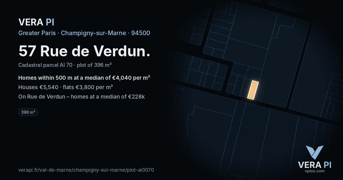 57 Rue de Verdun, Champigny-sur-Marne at night – the plot lit, the parcels around coloured by the prices near them