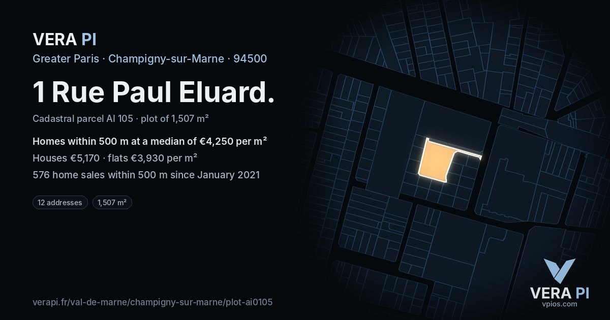1 Rue Paul Eluard, Champigny-sur-Marne at night – the plot lit, the parcels around coloured by the prices near them