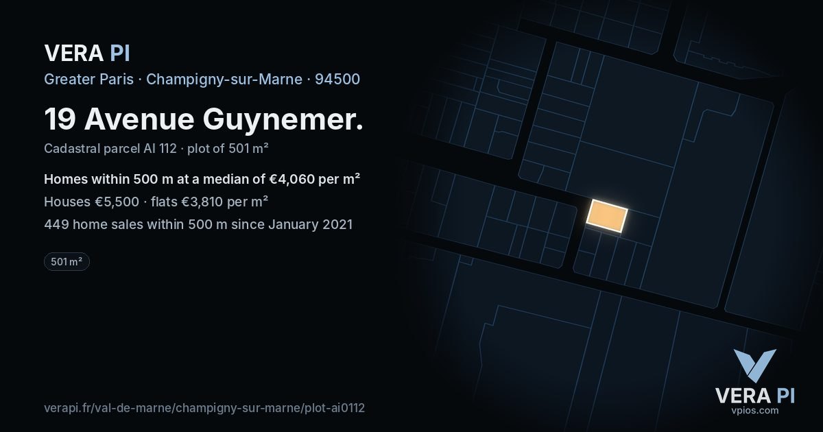 19 Avenue Guynemer, Champigny-sur-Marne at night – the plot lit, the parcels around coloured by the prices near them