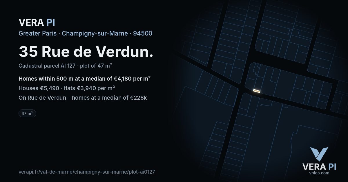 35 Rue de Verdun, Champigny-sur-Marne at night – the plot lit, the parcels around coloured by the prices near them