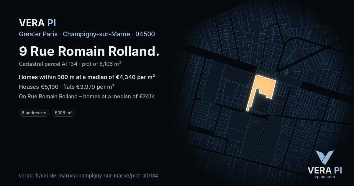 9 Rue Romain Rolland, Champigny-sur-Marne at night – the plot lit, the parcels around coloured by the prices near them