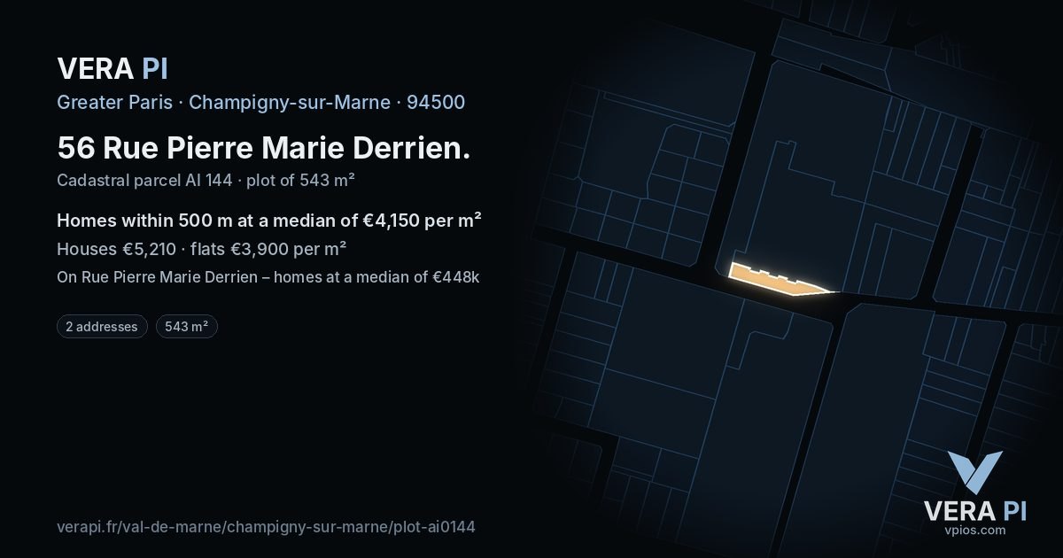 56 Rue Pierre Marie Derrien, Champigny-sur-Marne at night – the plot lit, the parcels around coloured by the prices near them