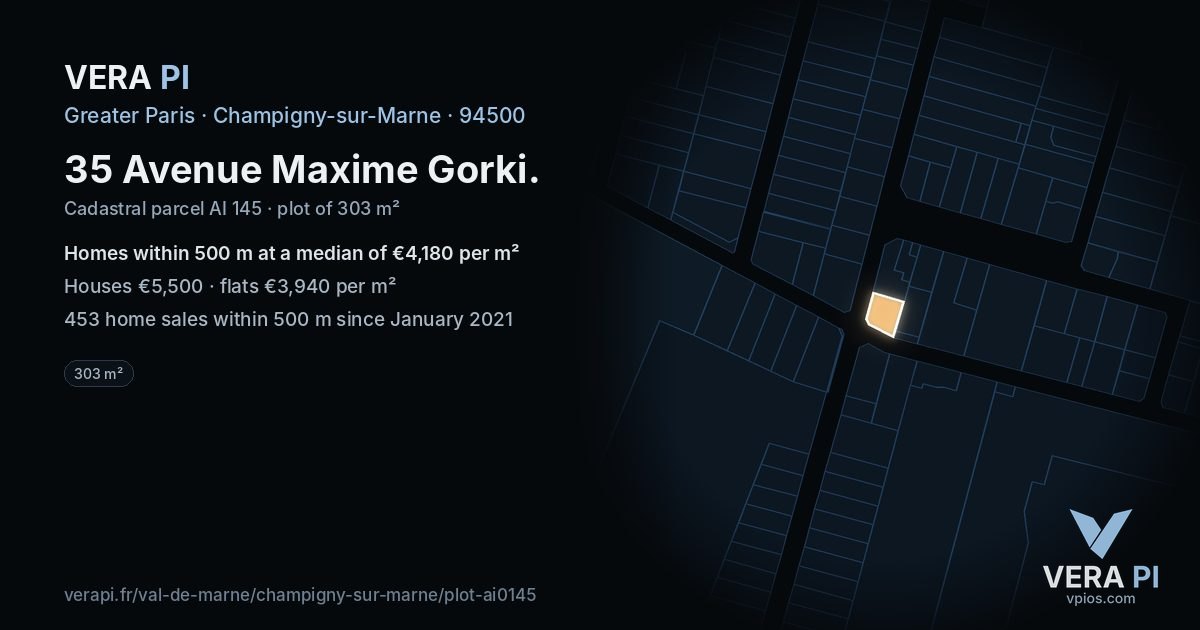 35 Avenue Maxime Gorki, Champigny-sur-Marne at night – the plot lit, the parcels around coloured by the prices near them