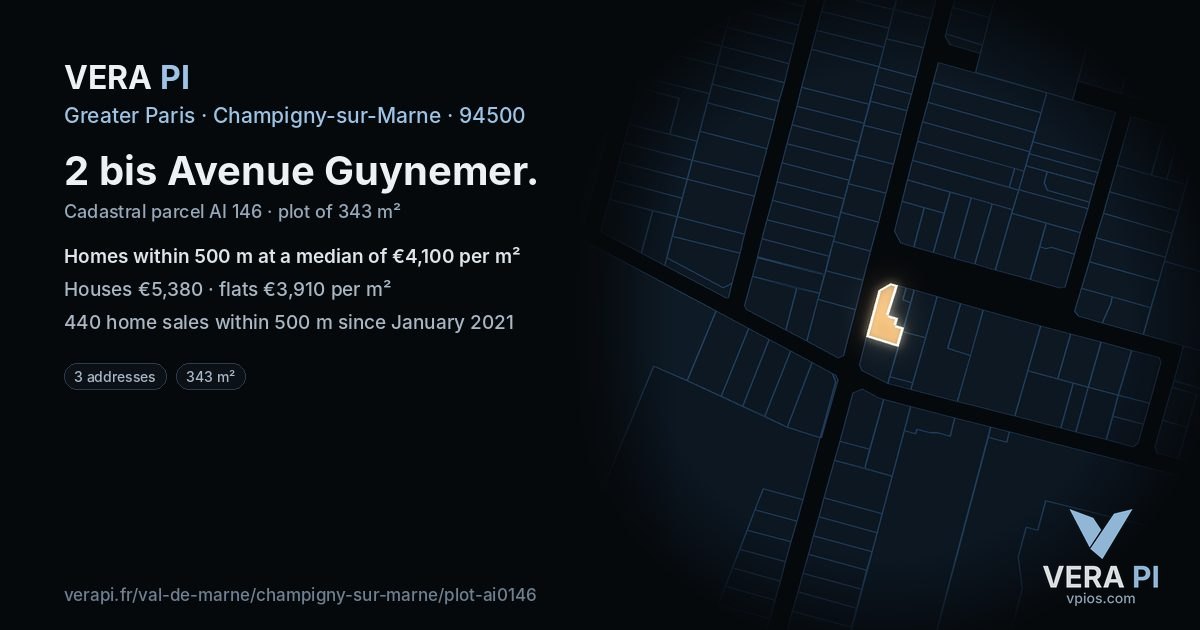 2 bis Avenue Guynemer, Champigny-sur-Marne at night – the plot lit, the parcels around coloured by the prices near them