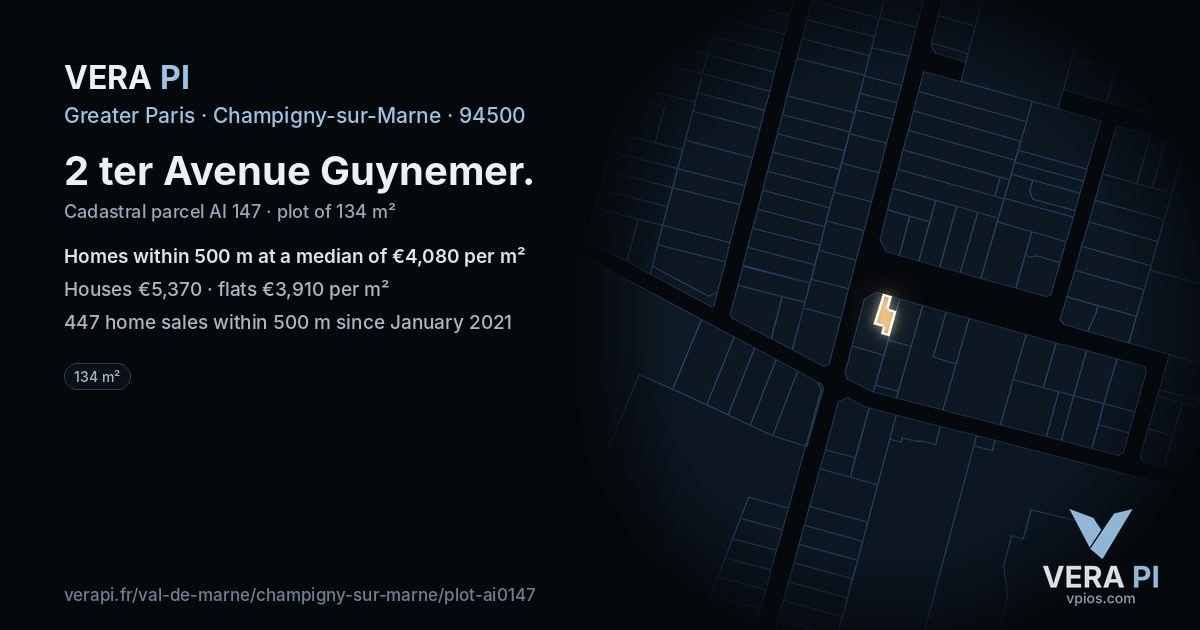2 ter Avenue Guynemer, Champigny-sur-Marne at night – the plot lit, the parcels around coloured by the prices near them