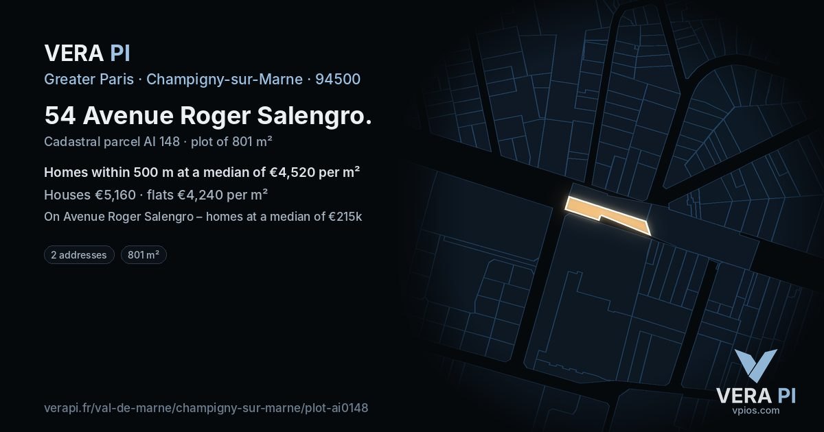 54 Avenue Roger Salengro, Champigny-sur-Marne at night – the plot lit, the parcels around coloured by the prices near them