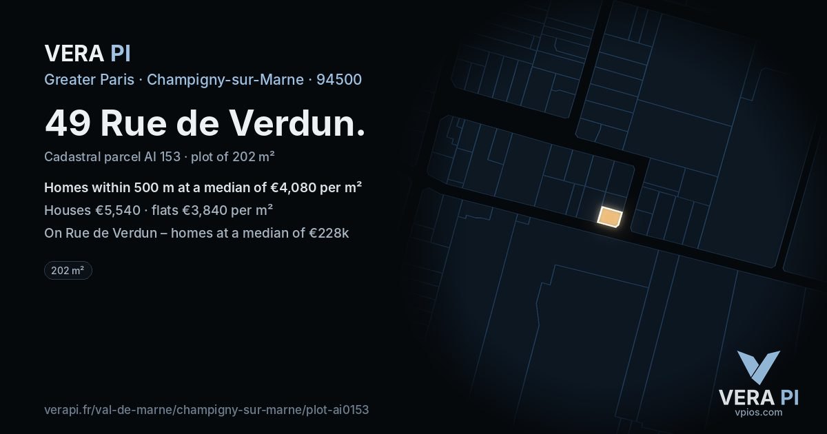 49 Rue de Verdun, Champigny-sur-Marne at night – the plot lit, the parcels around coloured by the prices near them
