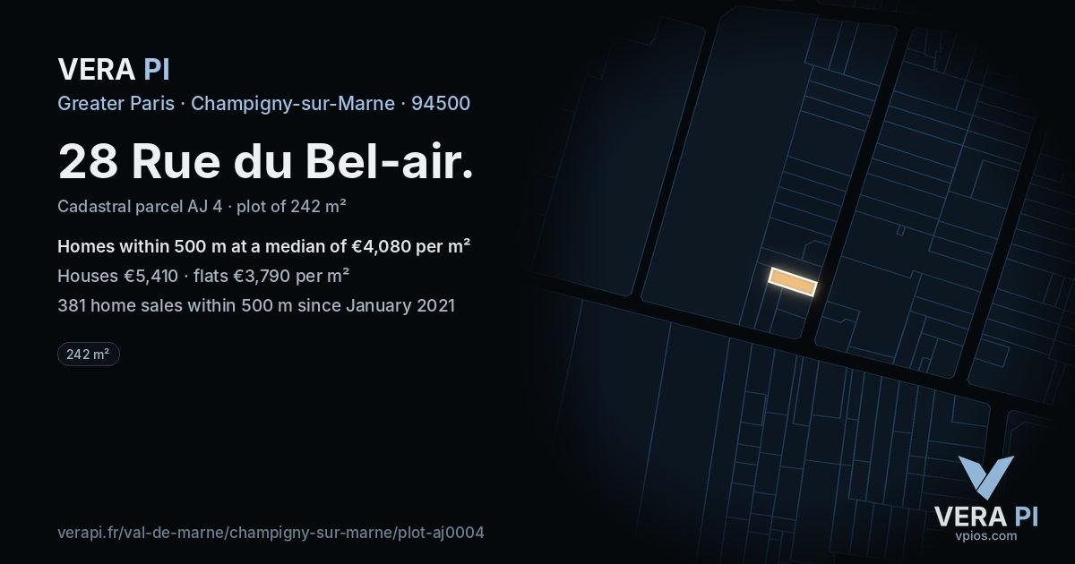 28 Rue du Bel-air, Champigny-sur-Marne at night – the plot lit, the parcels around coloured by the prices near them