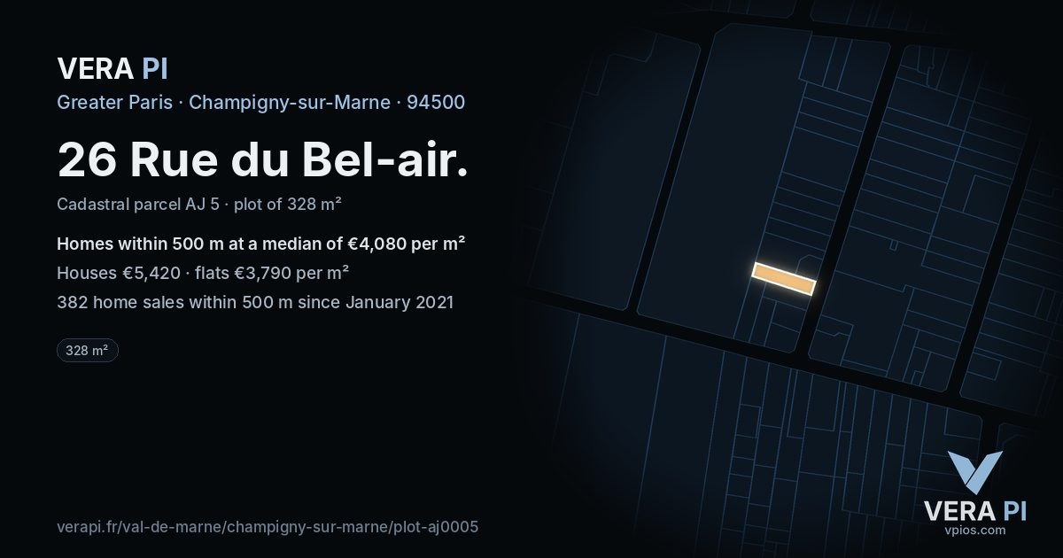 26 Rue du Bel-air, Champigny-sur-Marne at night – the plot lit, the parcels around coloured by the prices near them