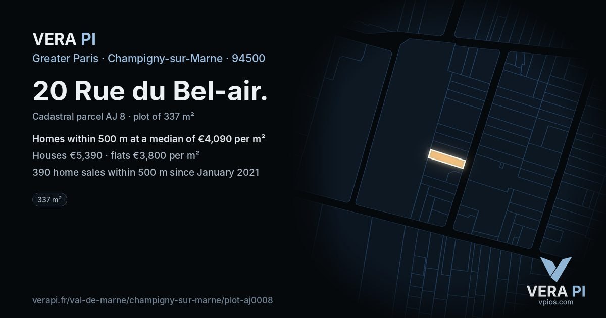 20 Rue du Bel-air, Champigny-sur-Marne at night – the plot lit, the parcels around coloured by the prices near them