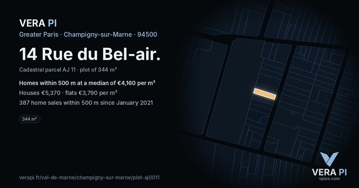 14 Rue du Bel-air, Champigny-sur-Marne at night – the plot lit, the parcels around coloured by the prices near them