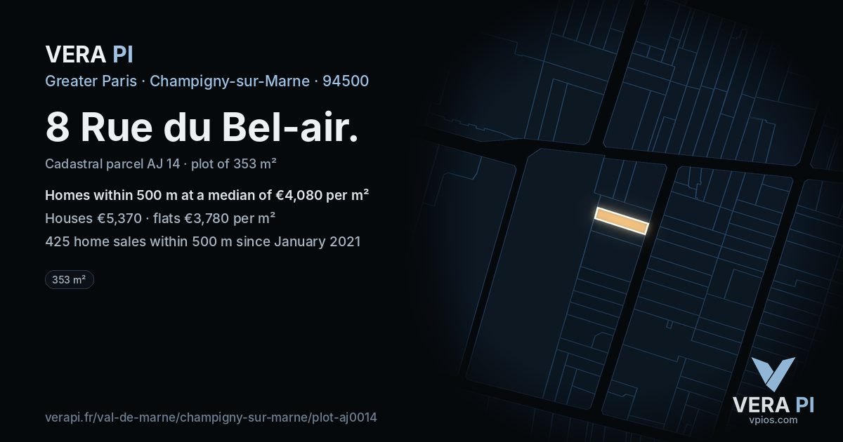 8 Rue du Bel-air, Champigny-sur-Marne at night – the plot lit, the parcels around coloured by the prices near them