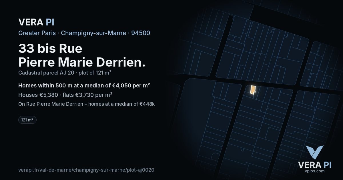 33 bis Rue Pierre Marie Derrien, Champigny-sur-Marne at night – the plot lit, the parcels around coloured by the prices near them