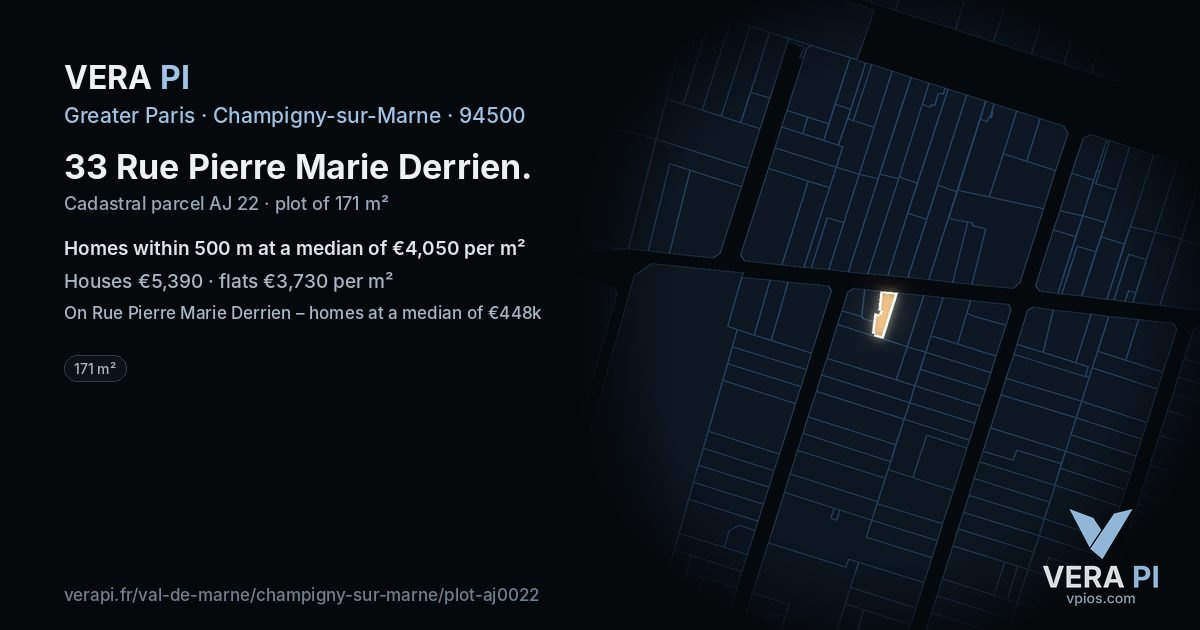 33 Rue Pierre Marie Derrien, Champigny-sur-Marne at night – the plot lit, the parcels around coloured by the prices near them
