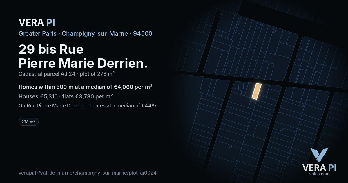 29 bis Rue Pierre Marie Derrien, Champigny-sur-Marne at night – the plot lit, the parcels around coloured by the prices near them