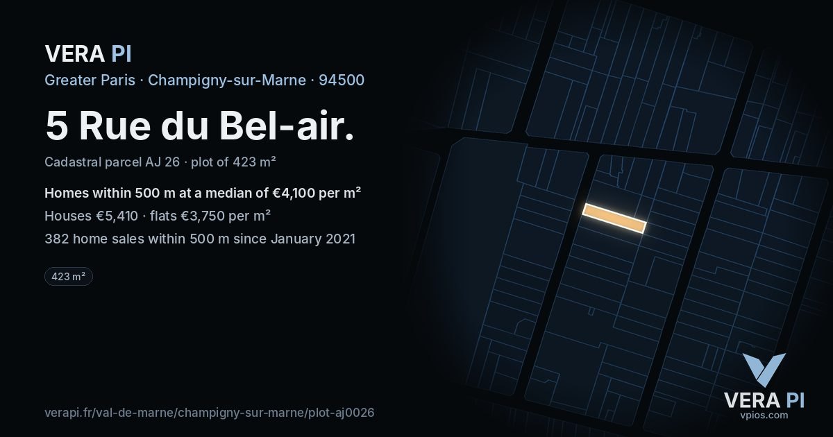5 Rue du Bel-air, Champigny-sur-Marne at night – the plot lit, the parcels around coloured by the prices near them