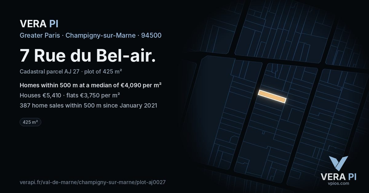 7 Rue du Bel-air, Champigny-sur-Marne at night – the plot lit, the parcels around coloured by the prices near them
