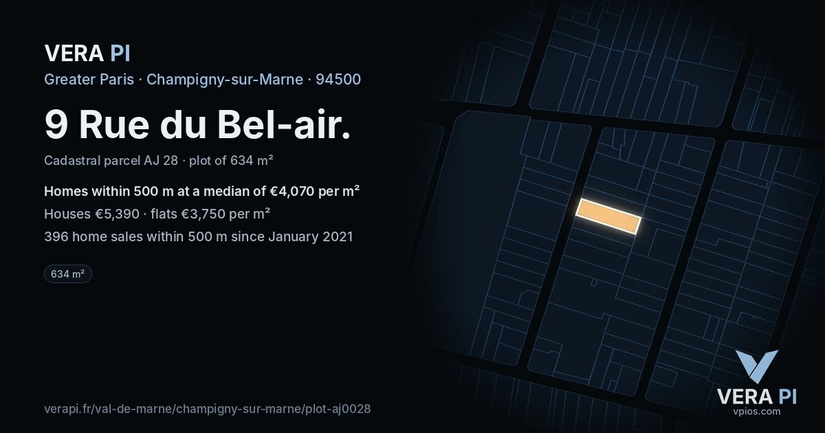 9 Rue du Bel-air, Champigny-sur-Marne at night – the plot lit, the parcels around coloured by the prices near them